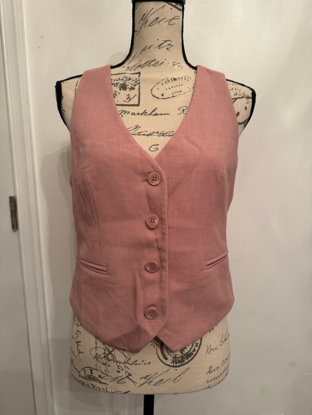 Rose Pink Button-Front Linen Blend Vest